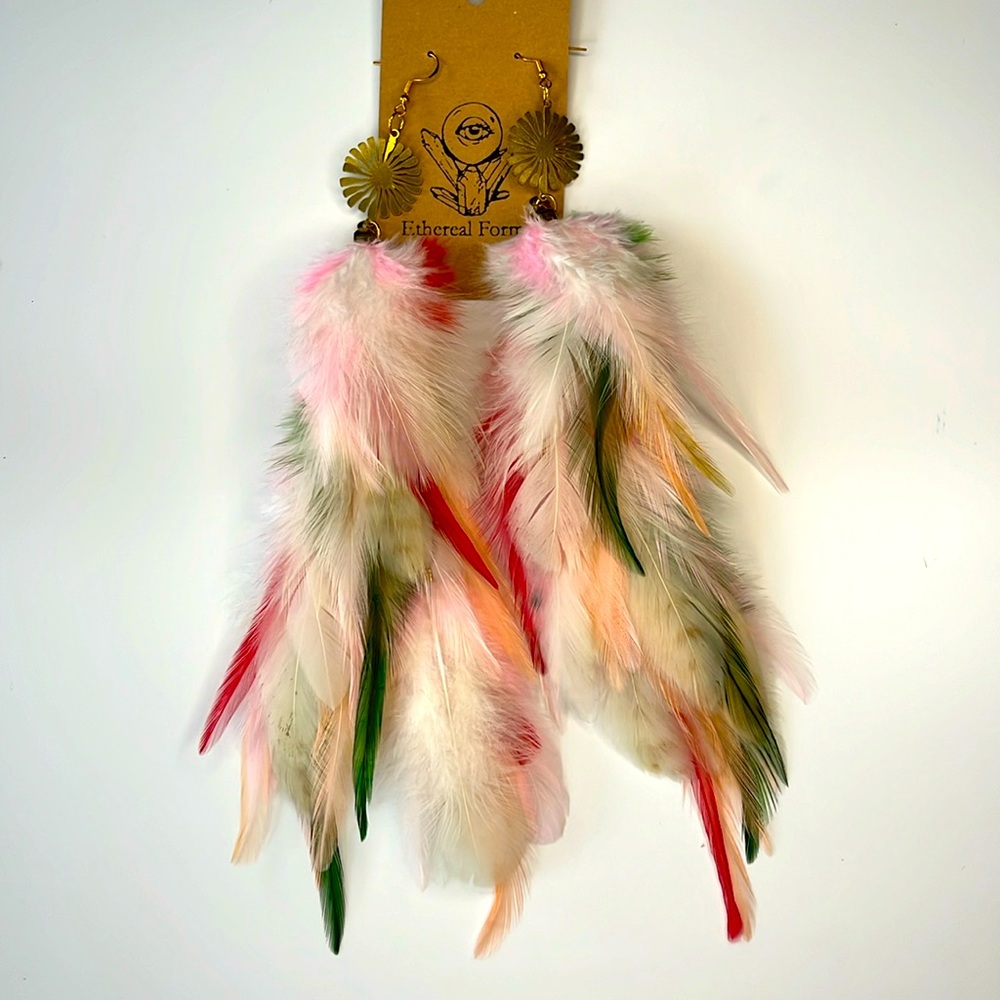 Long real feather earrings in cream, red and green, gold flower pendants